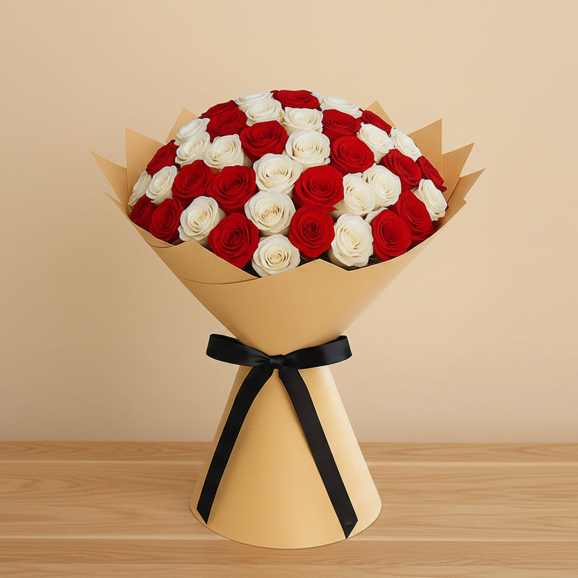 A stunning bouquet of 50 fresh red and white roses wrapped in premium brown paper with a luxury black ribbon.