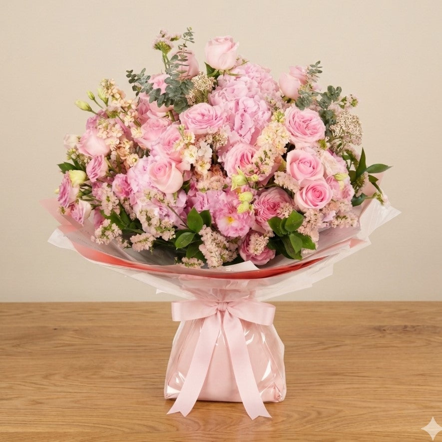 Pink Love mixed flower bouquet with pink garden roses, pink roses, hydrangeas, lisianthus, rice flowers, stocks and eucalyptus, available for same-day delivery in Dubai
