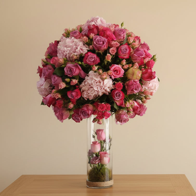 Pink hydrangea and purple rose arrangement in a glass vase.