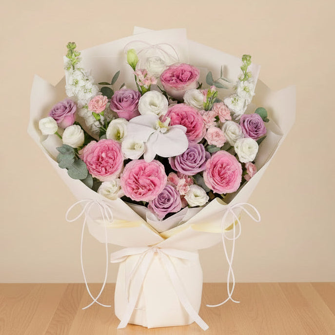 Luxury mixed bouquet with pink and purple roses, white lisianthus, mathiola, and a Phalaenopsis orchid in premium cream wrapping.