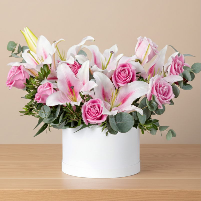 Floral arrangement with pink and white flowers in a white flower box on a wooden surface.
