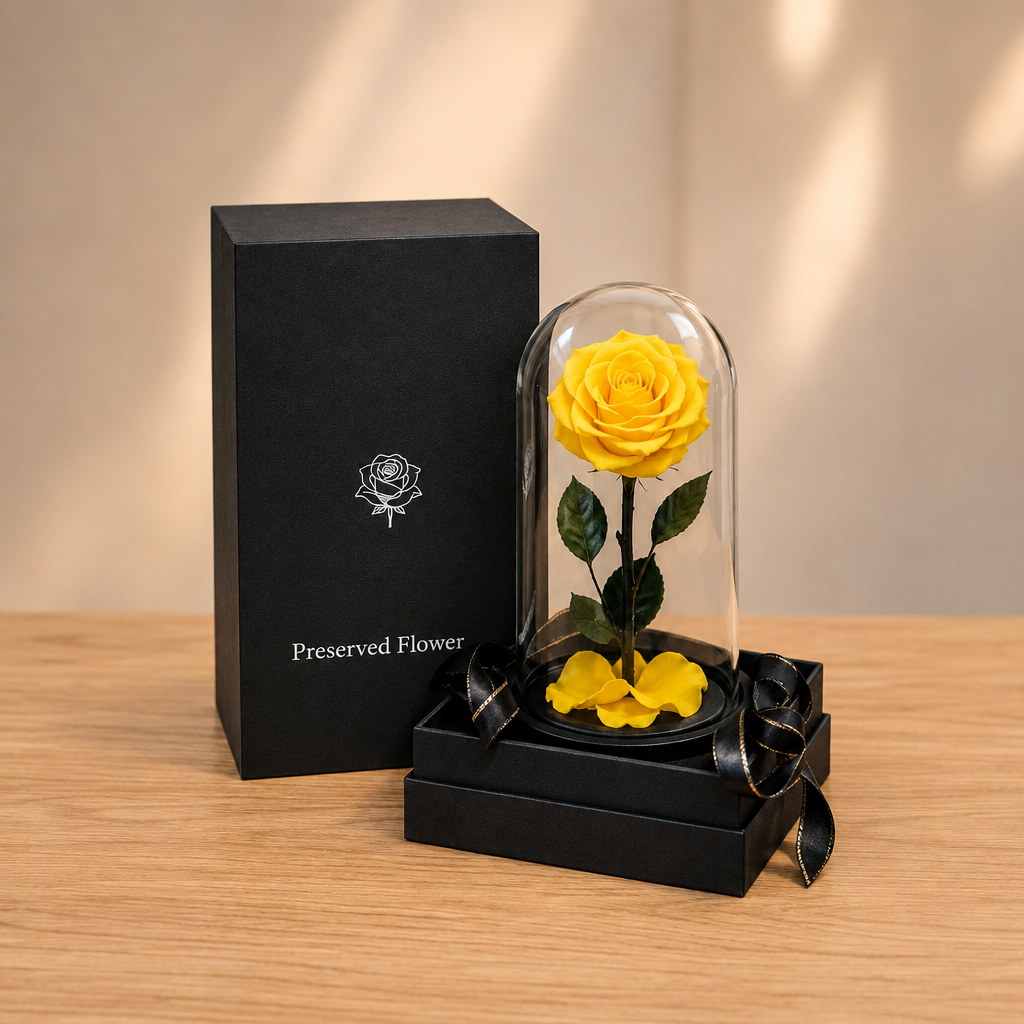 Yellow Forever Rose in a glass dome
