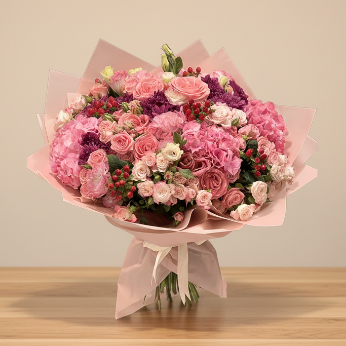A bouquet of pink and purple flowers including hydrangeas, roses and chrysanthemums, wrapped in pink paper.
