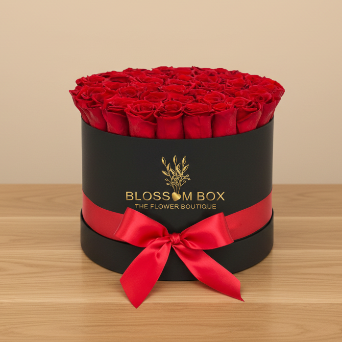 A black round box filled with deep red roses, presented with a red ribbon