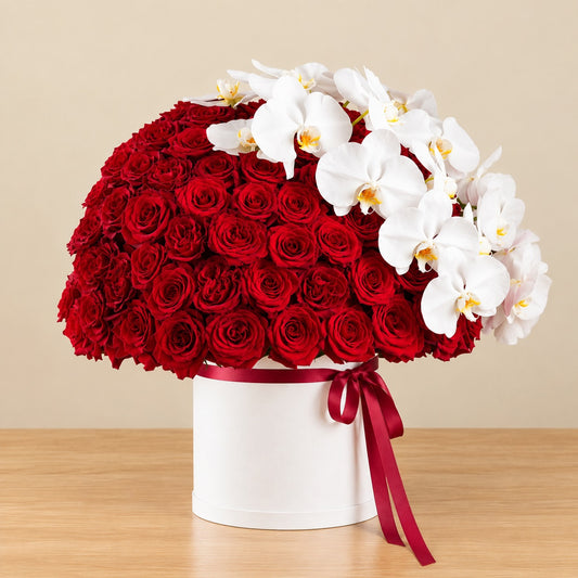 100 Red Roses & White Orchids in a Luxury Box