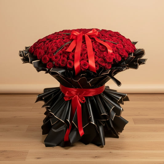 Large bouquet of 200 red roses with black wrap and red ribbons