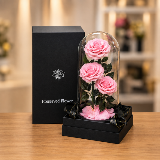 3 Forever Roses Pink in a glass dome display set.