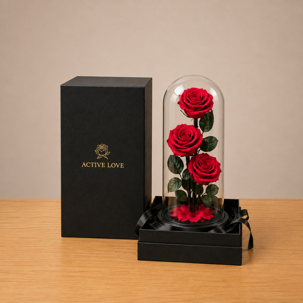 Three preserved red roses encased in a glass cloche dome