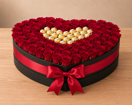 Red Roses and Ferrero Rocher Chocolates in Heart Shaped Box