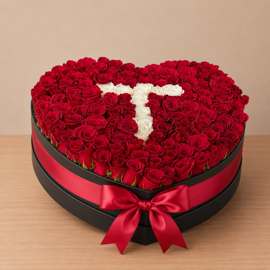 Luxury Letter in Heart Shaped Rose Arrangement in Box