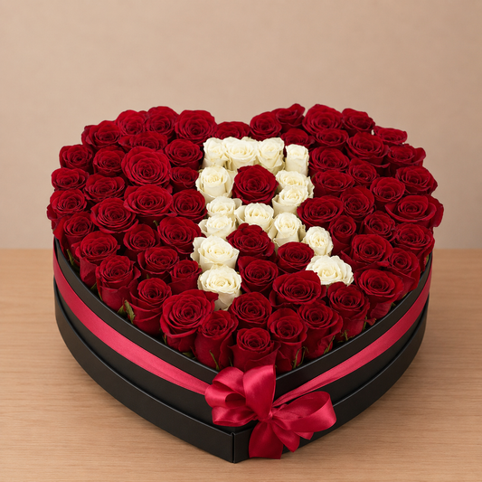 Letter in Heart Shaped Rose Arrangement in Box