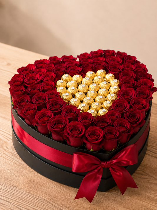 Red Roses and Ferrero Rocher Chocolates in Heart Shaped Box