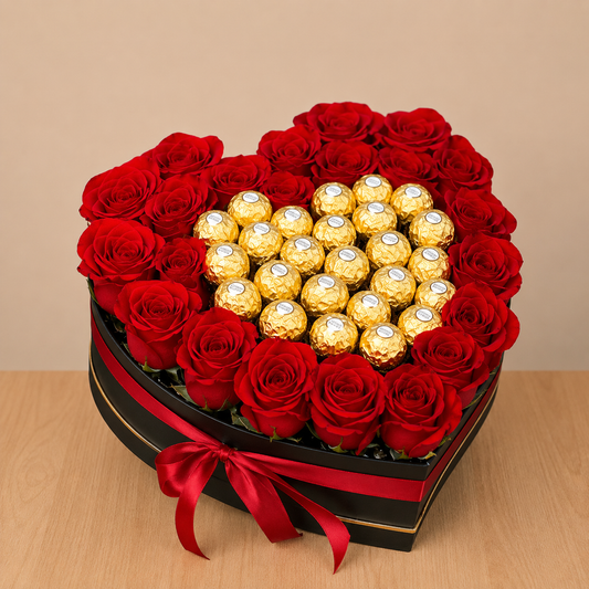 A Heart of Red Roses and Ferrero Rocher Chocolates  Heart-Shaped Box – Box Color May Vary