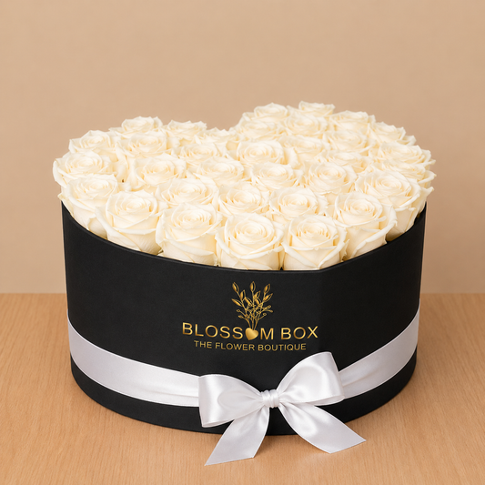 White Roses in Black Heart Shape Box