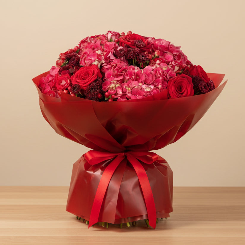 mixed flower bouquet with dark pink hydrangea, red roses, spray chrysanthemum and hypericum wrapped in red paper