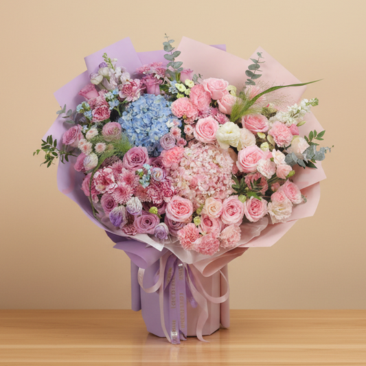 flower bouquet with pink and purple roses, carnations, blue and pink hydrangeas and chrysanthemums