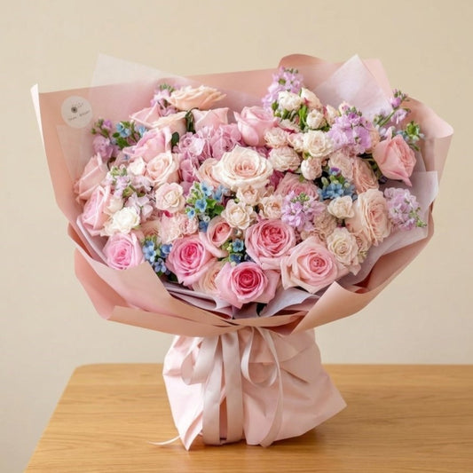 Luxury pastel flower bouquet with pink and cream roses and lilac matthiola