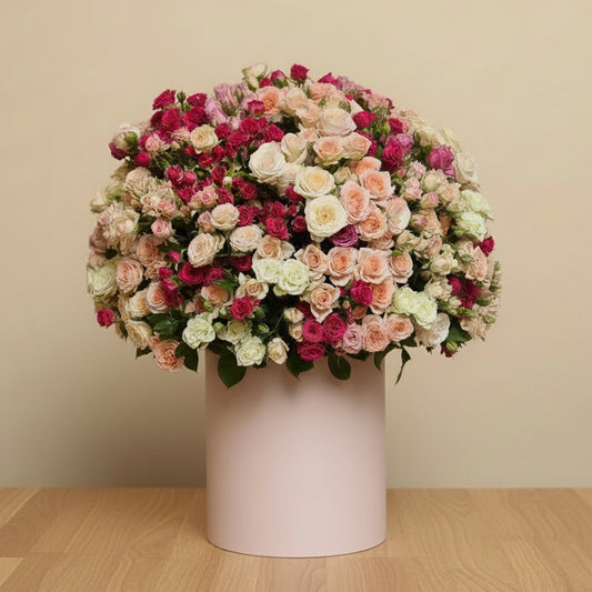 multicolored spray roses in a pink box