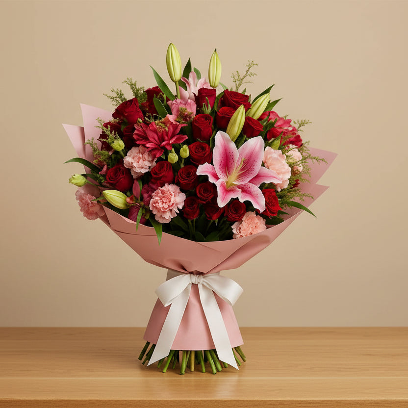 A stunning mix bouquet of pink oriental lilies, red roses, pink carnations, and red lisianthus wrapped in premium pink paper with a luxury white ribbon.