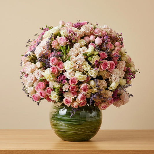pink, white, and peach spray roses in a clear glass vase