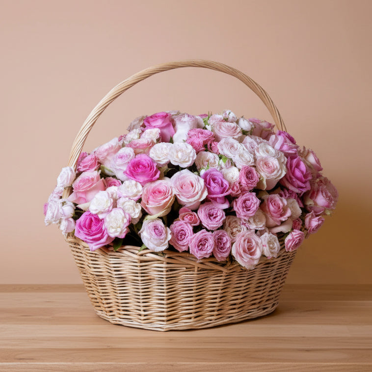 Pastel pink roses beautifully arranged in a basket, available for same-day flower delivery in Dubai