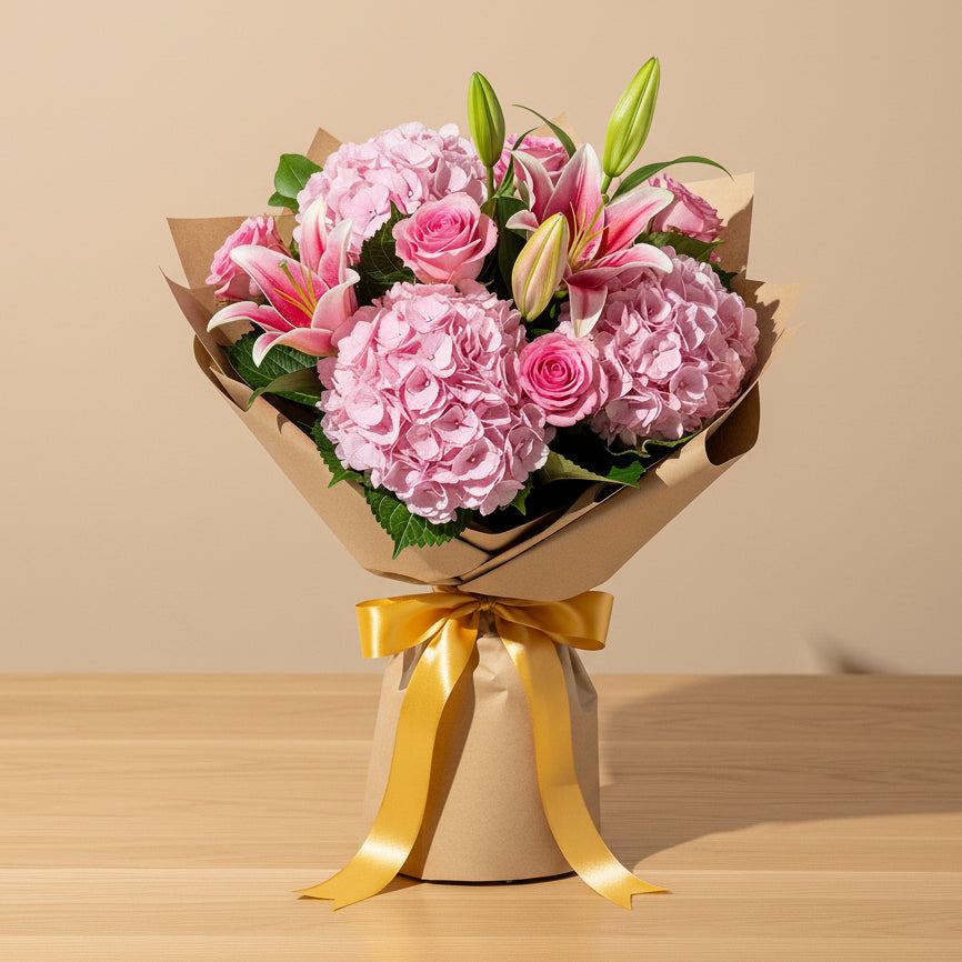 Pink hydrangea, rose and lily mixed bouquet