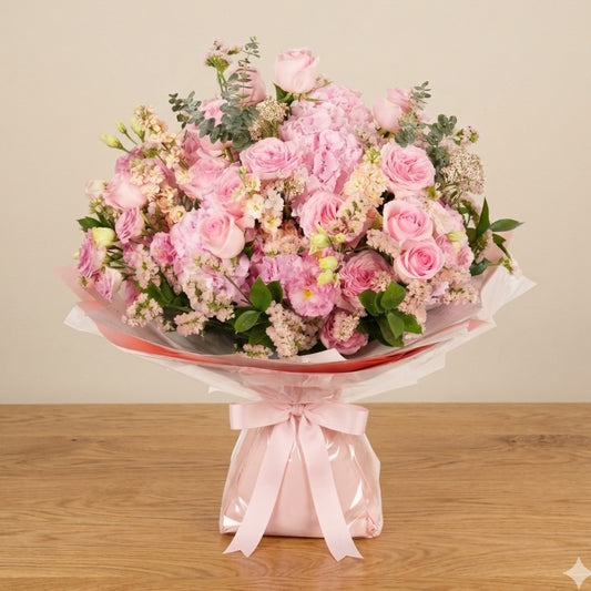 Pink Love mixed flower bouquet with pink garden roses, pink roses, hydrangeas, lisianthus, rice flowers, stocks and eucalyptus, available for same-day delivery in Dubai