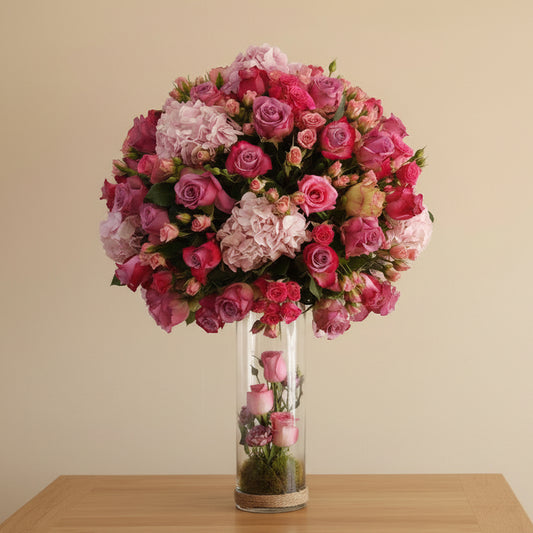 Pink hydrangea and purple rose arrangement in a glass vase.