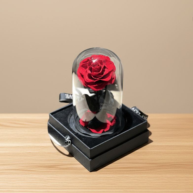 A preserved red rose in a clear glass dome on a black stand