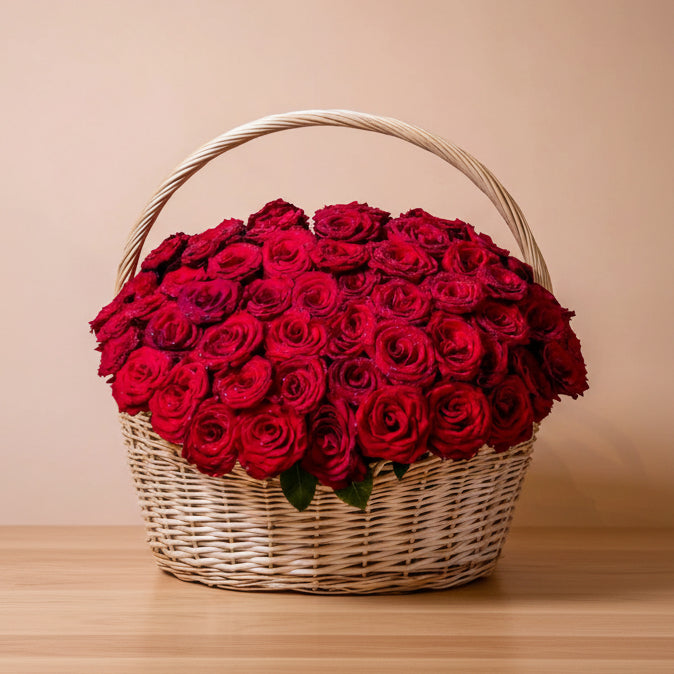 Red roses beautifully arranged in a basket