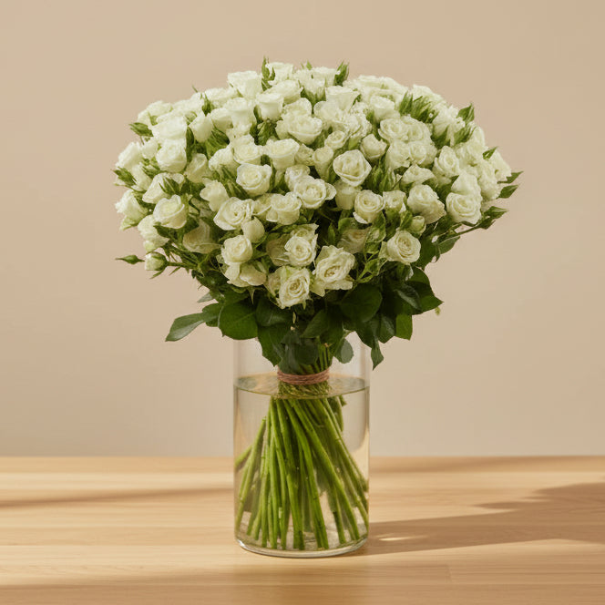 Pure white spray roses in an elegant vase – serene floral arrangement Dubai