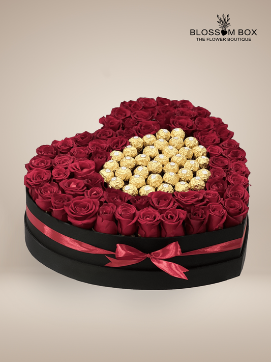 Red Roses and Ferrero Rocher Chocolates in Heart Shaped Box