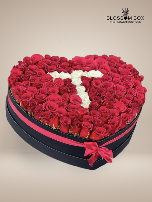 Luxury Letter in Heart Shaped Rose Arrangement in Box