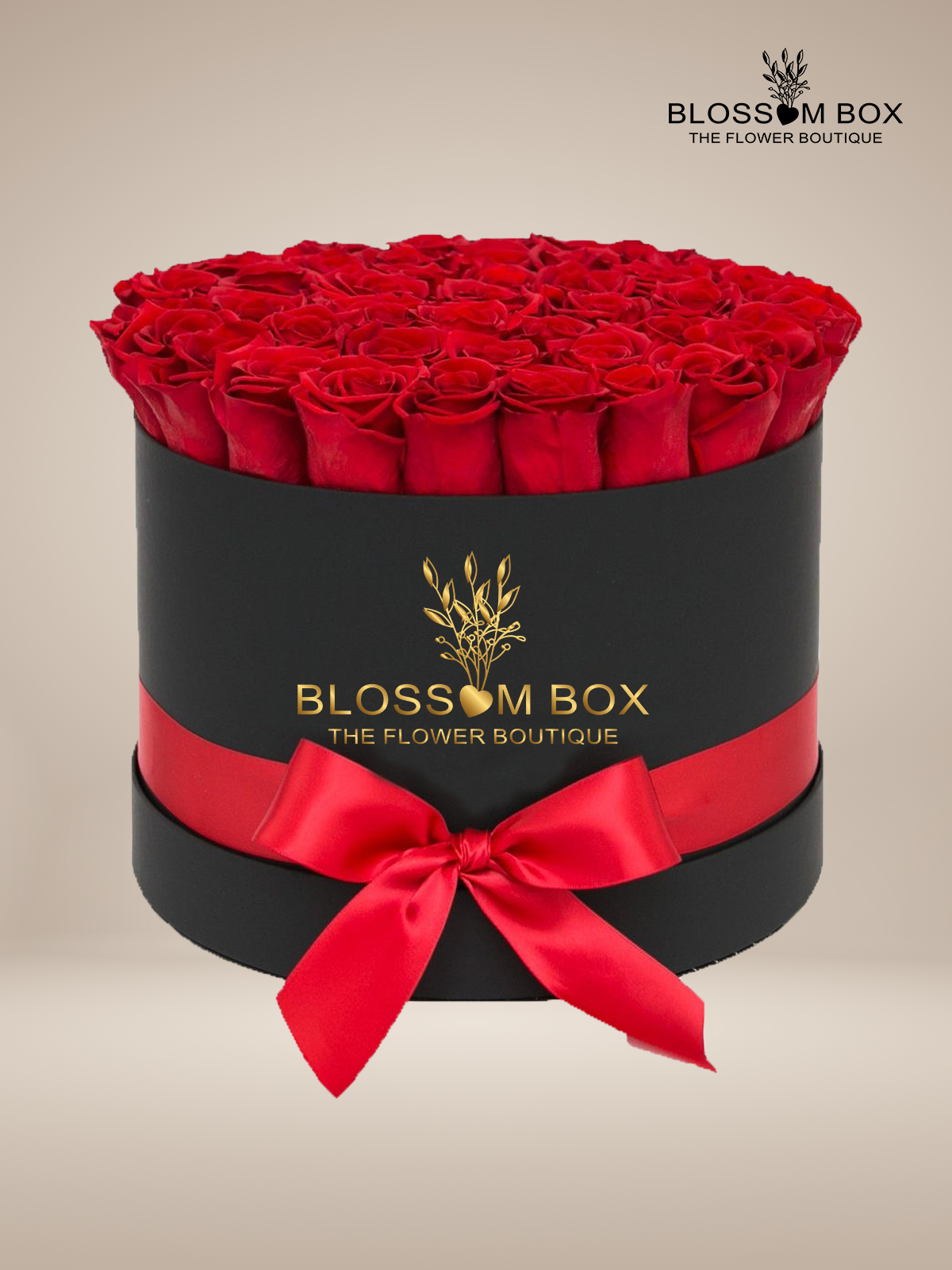 Box of Red Roses in Black Round Box