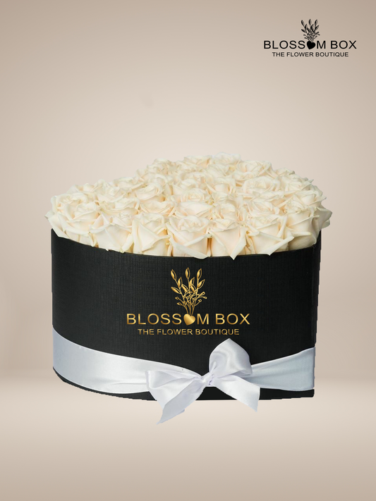 White Roses in Black Heart Shape Box